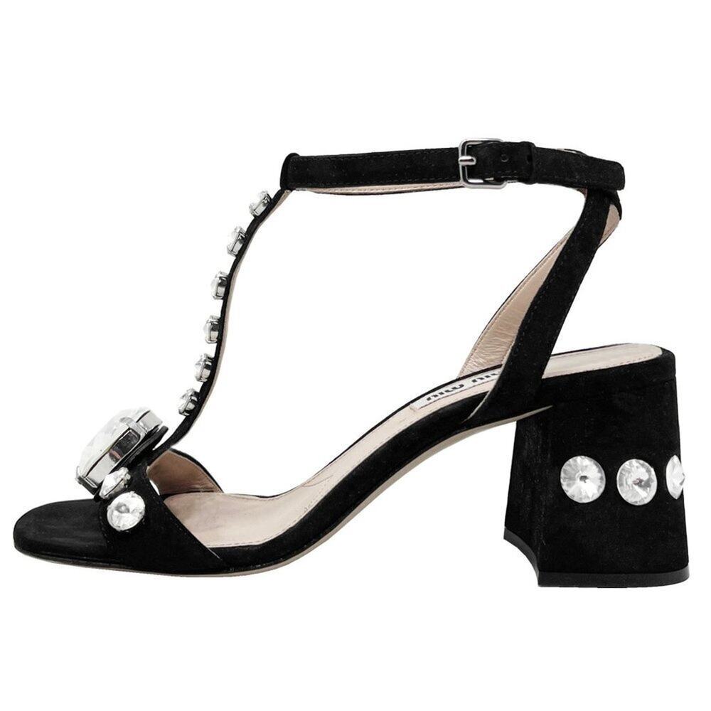 Miu Miu Black Crystal Sandals Block Heel T-Strap Size 37.5